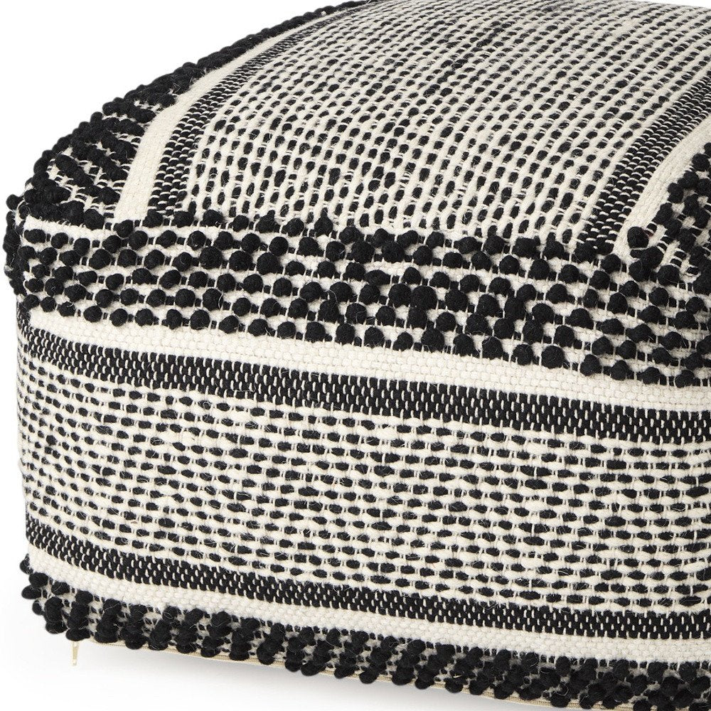 22" Black and White Cotton And Wool Geometric Pouf Ottoman