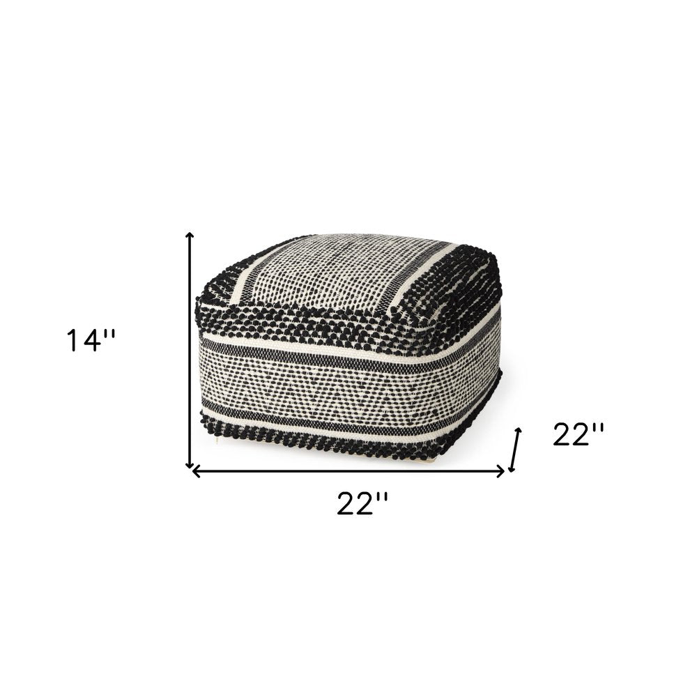 22" Black and White Cotton And Wool Geometric Pouf Ottoman
