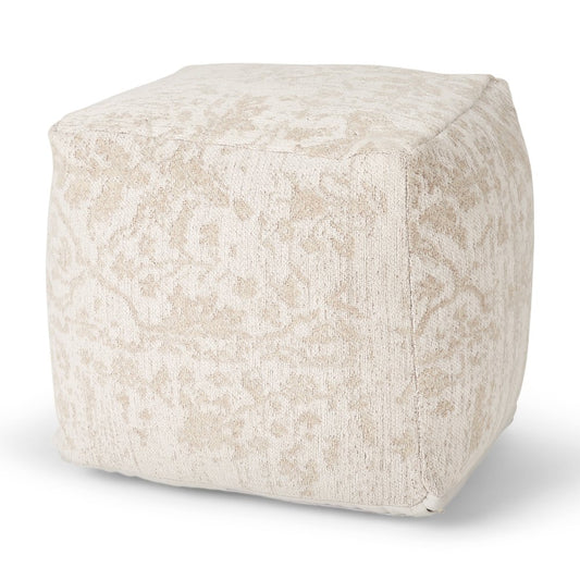 18" Cream and Beige Fabric Damask Pouf Ottoman