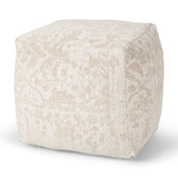 18" Cream and Beige Fabric Damask Pouf Ottoman