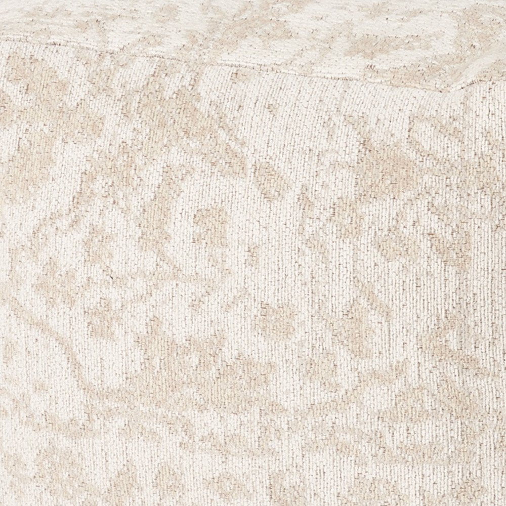 18" Cream and Beige Fabric Damask Pouf Ottoman