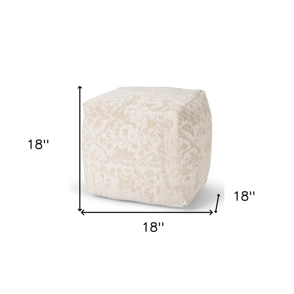 18" Cream and Beige Fabric Damask Pouf Ottoman