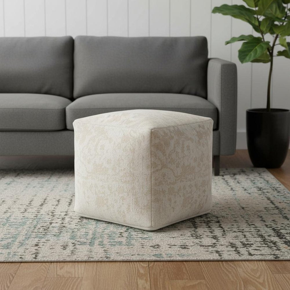 18" Cream and Beige Fabric Damask Pouf Ottoman