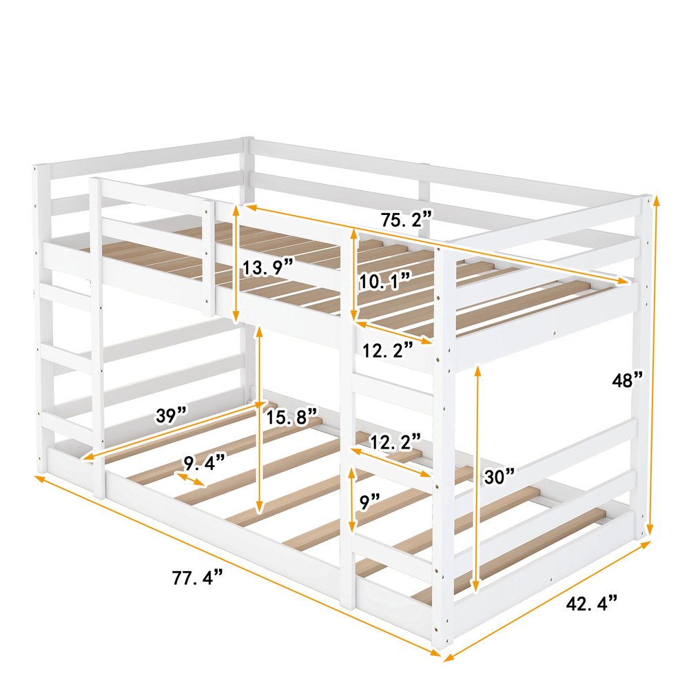 White Twin Over Twin Solid Wood Bunk Bed