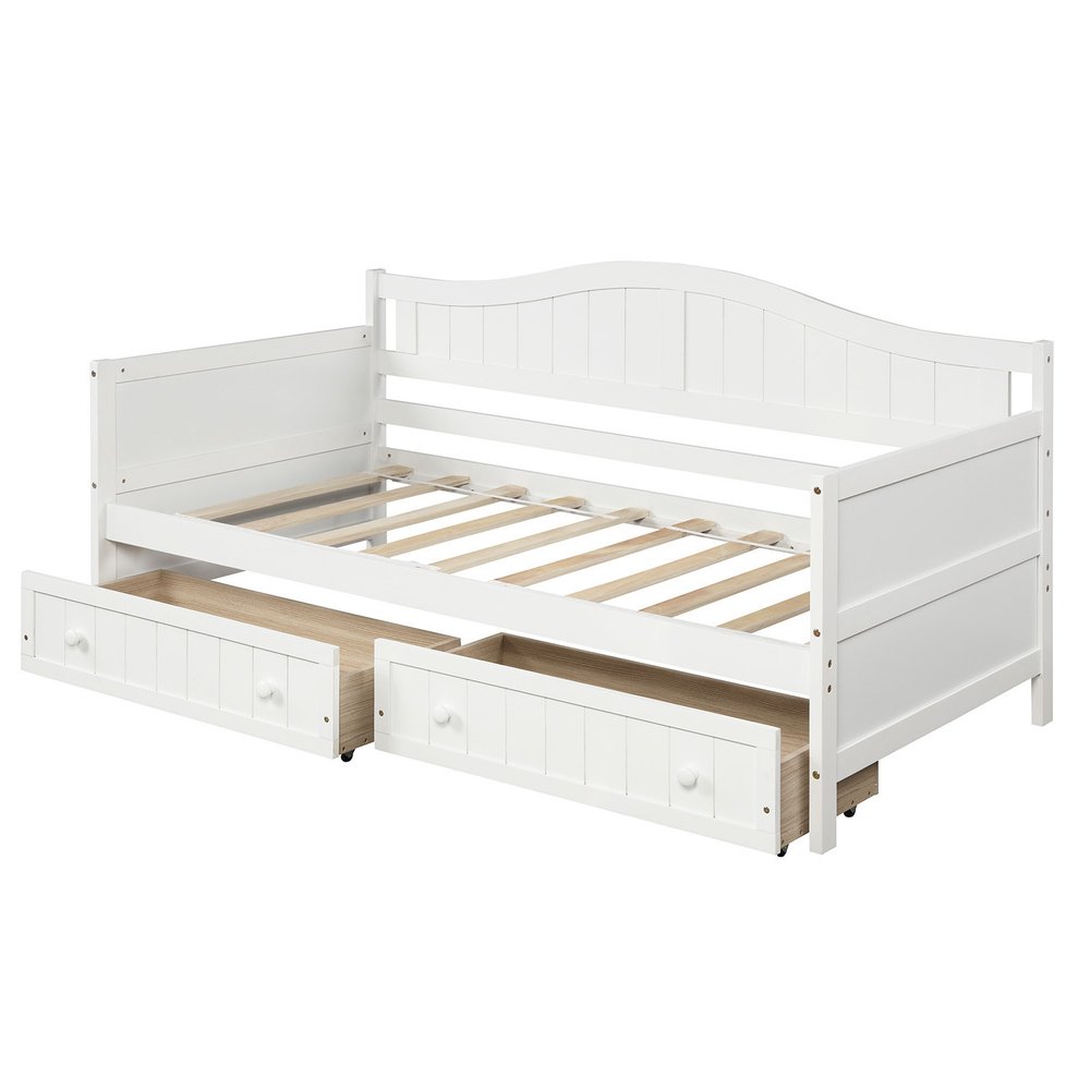 White Wood Twin Daybed Frame With Drawers
