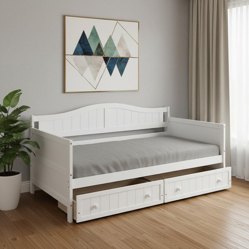 White Wood Twin Daybed Frame With Drawers