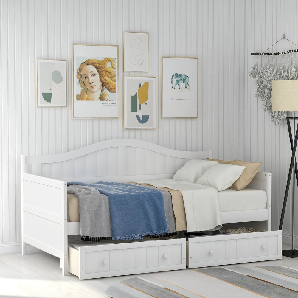 White Wood Twin Daybed Frame With Drawers