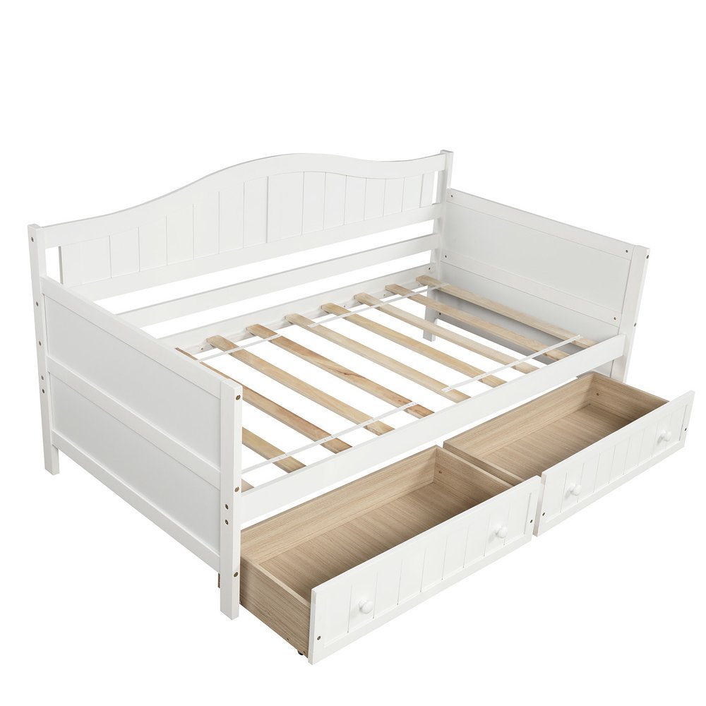 White Wood Twin Daybed Frame With Drawers