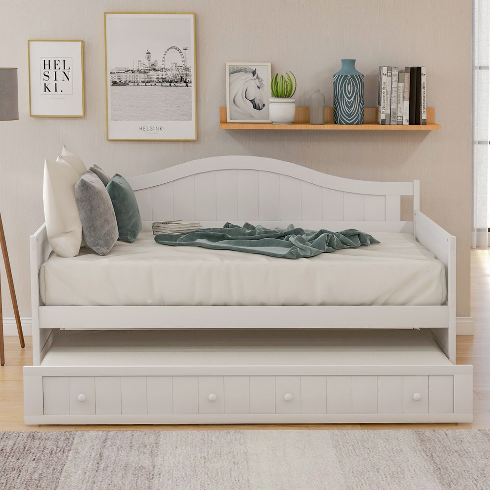 White Wood Twin Daybed Frame With Trundle