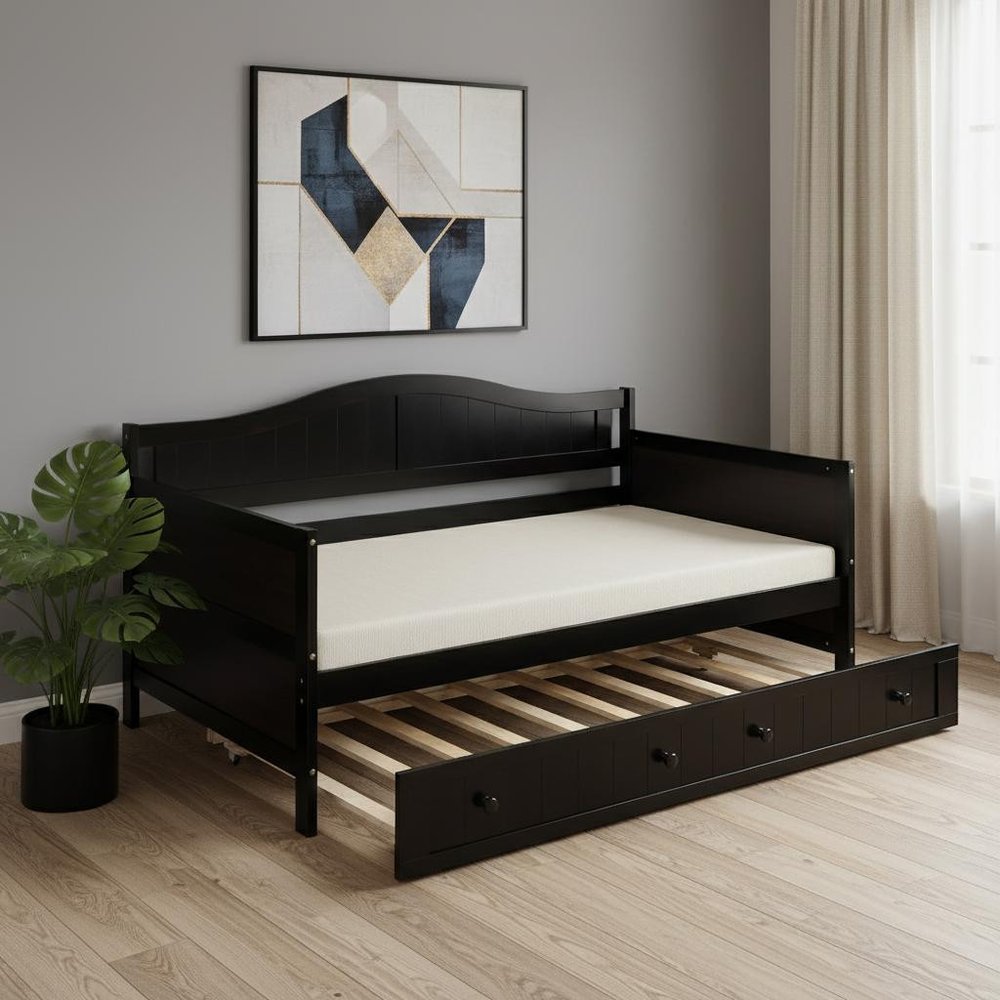 Espresso Wood Twin Daybed Frame With Trundle