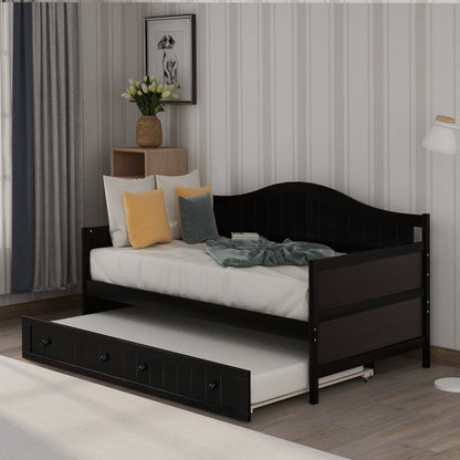 Espresso Wood Twin Daybed Frame With Trundle