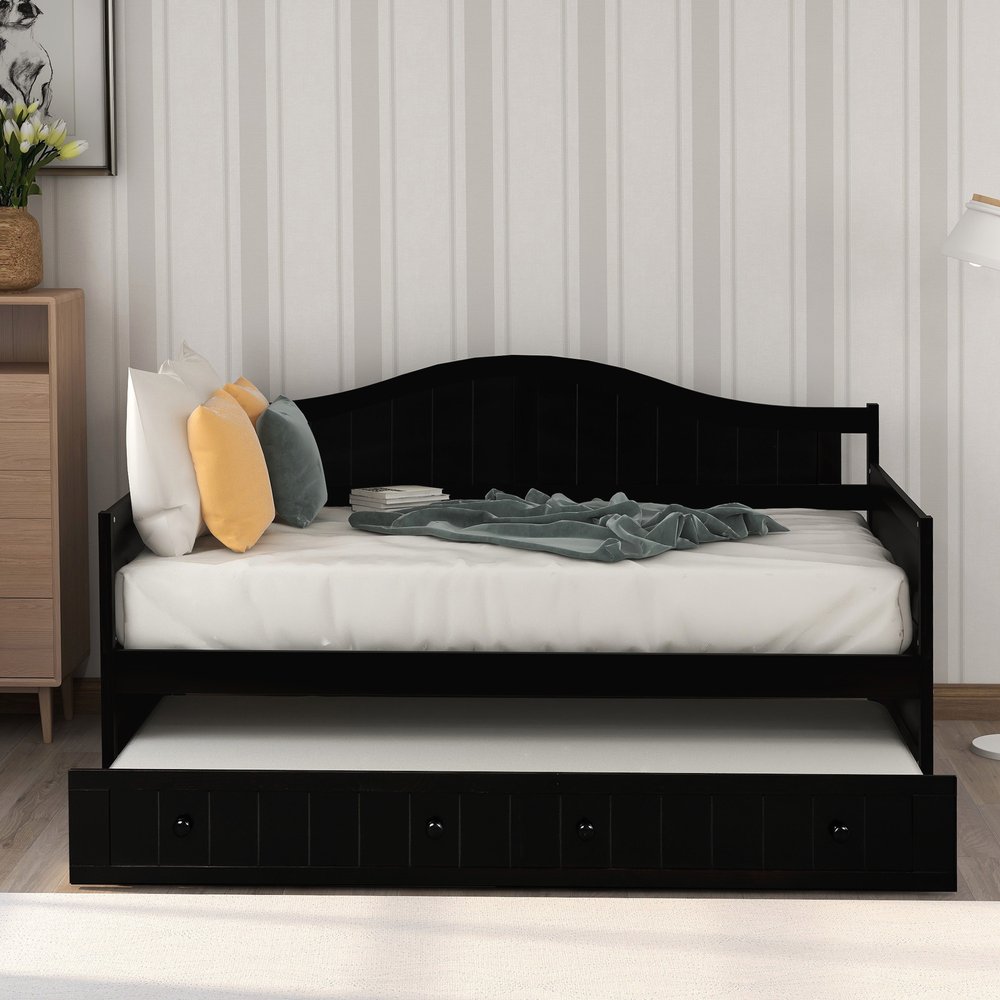 Espresso Wood Twin Daybed Frame With Trundle