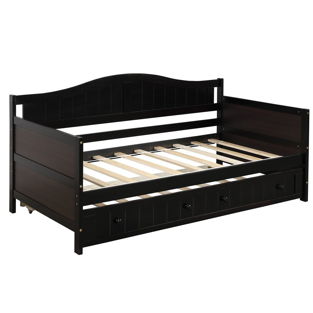 Espresso Wood Twin Daybed Frame With Trundle