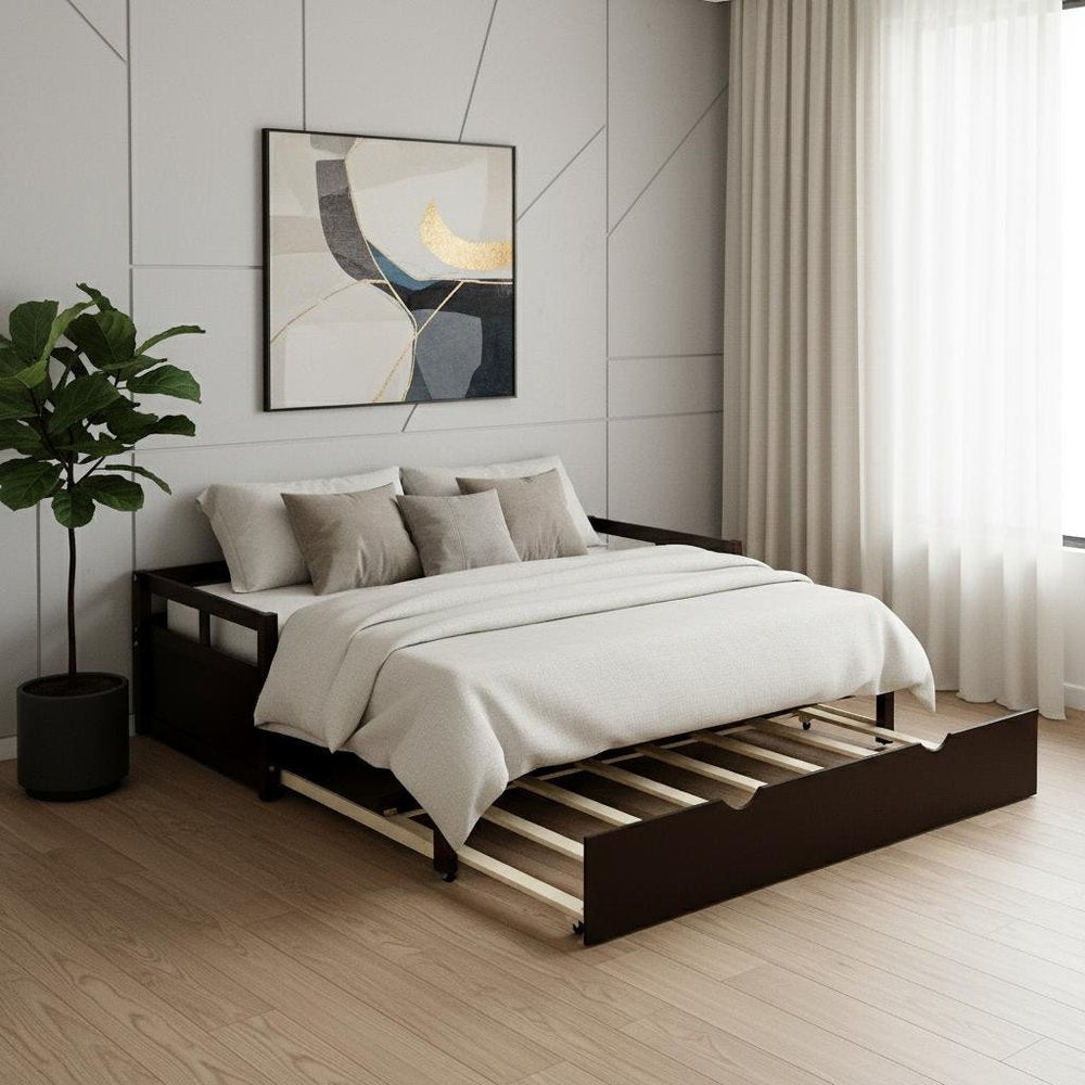 Espresso Wood Twin Daybed Frame With Trundle