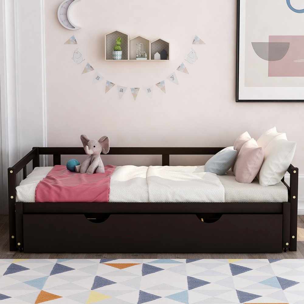 Espresso Wood Twin Daybed Frame With Trundle