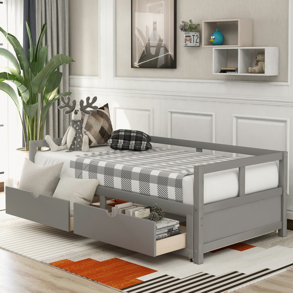 Gray Wood Twin Daybed Frame With Drawers