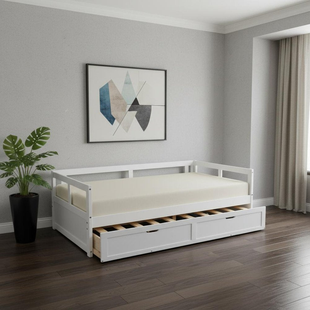 White Wood Twin Daybed Frame With Drawers