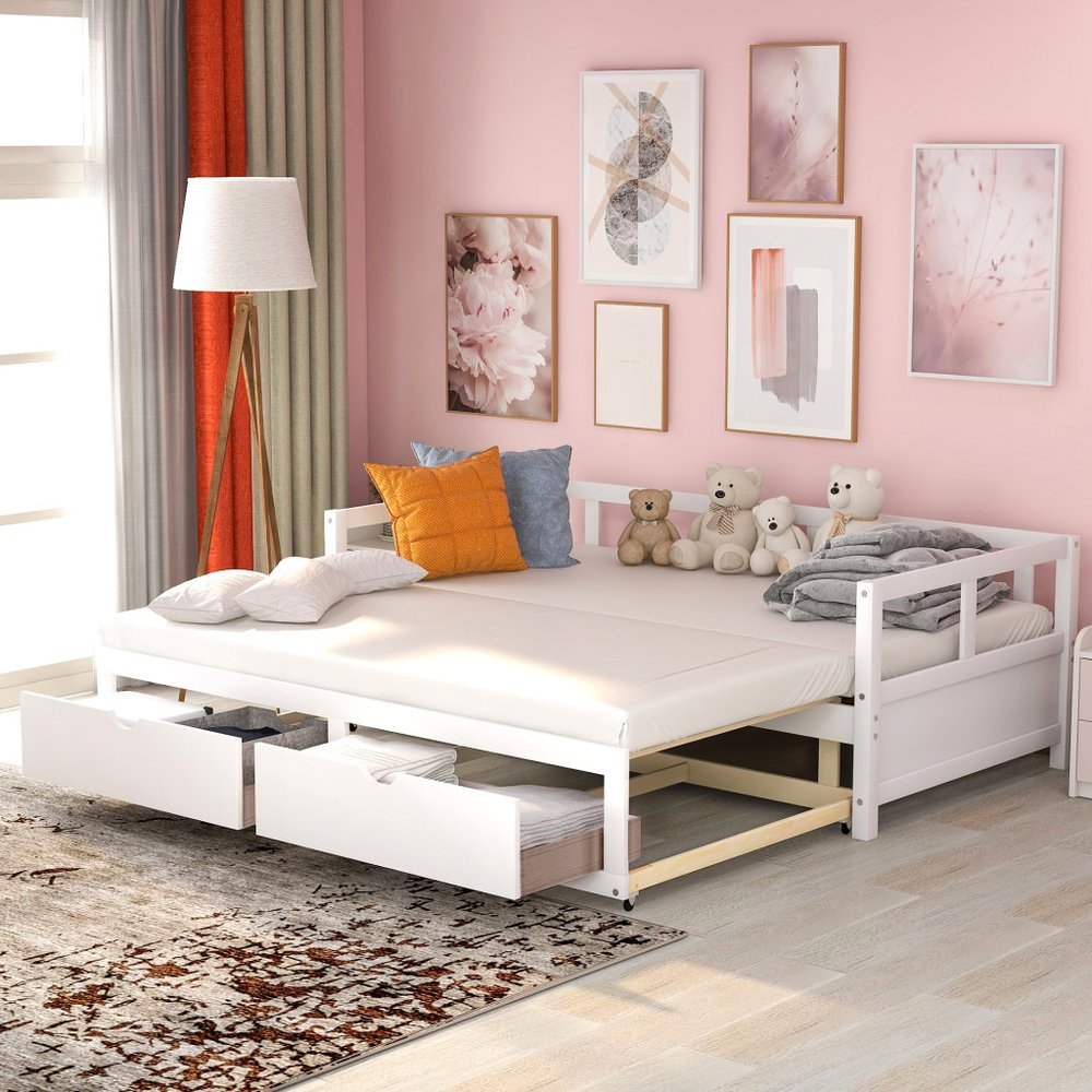 White Wood Twin Daybed Frame With Drawers