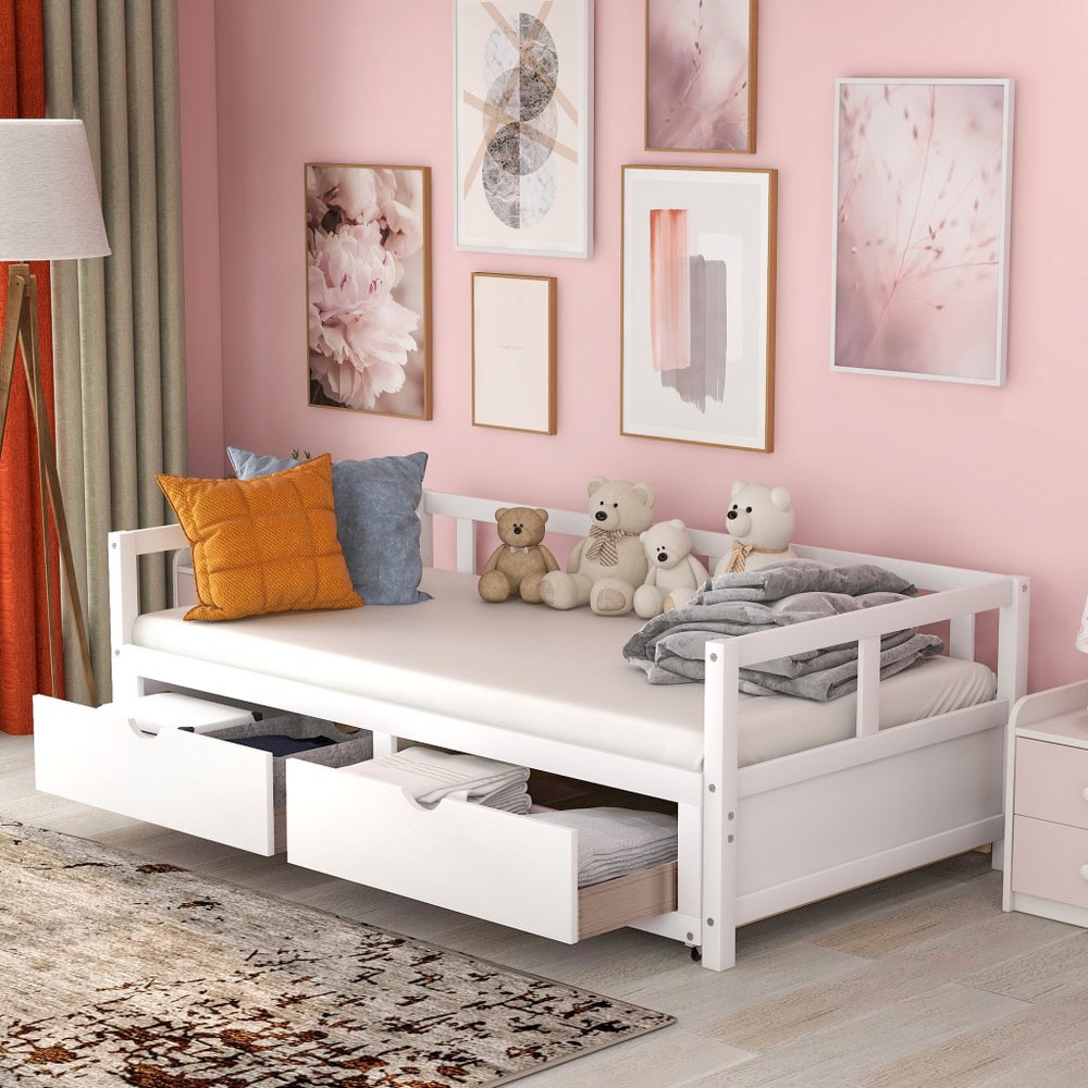 White Wood Twin Daybed Frame With Drawers