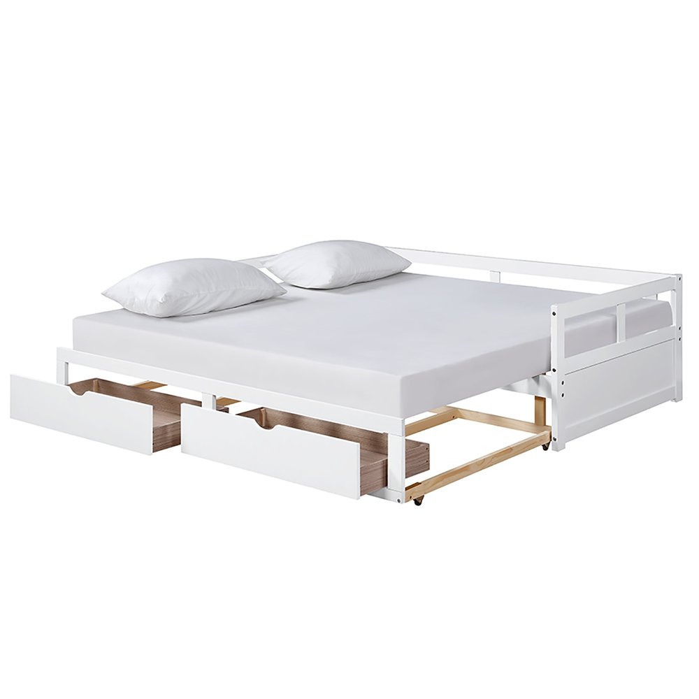 White Wood Twin Daybed Frame With Drawers