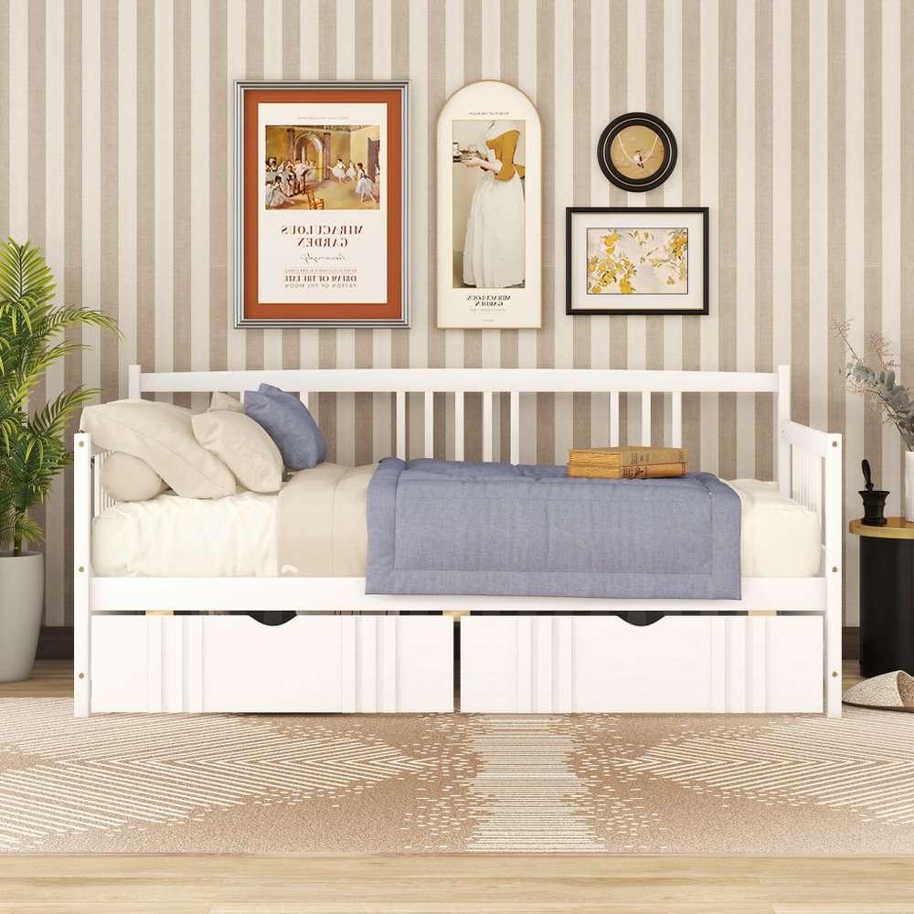 White Wood Twin Daybed Frame With Drawers