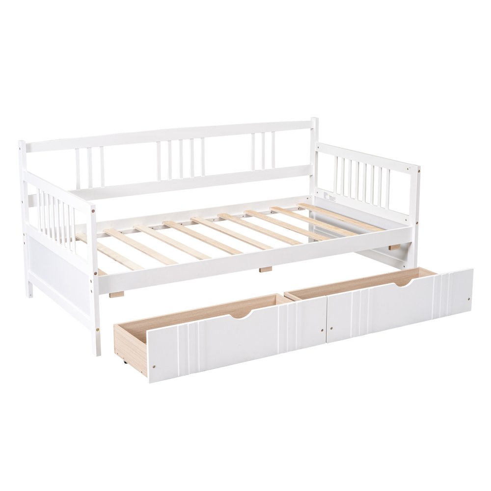 White Wood Twin Daybed Frame With Drawers