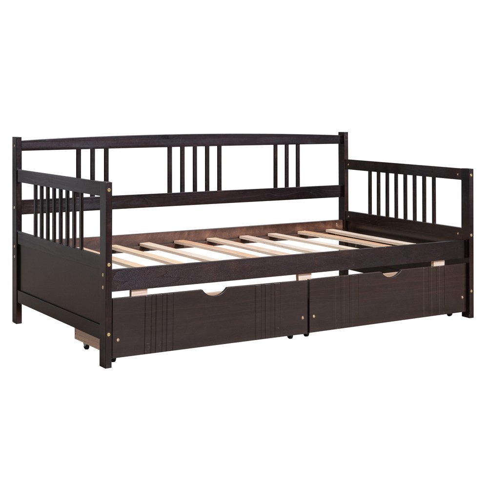 Espresso Wood Twin Daybed Frame With Drawers
