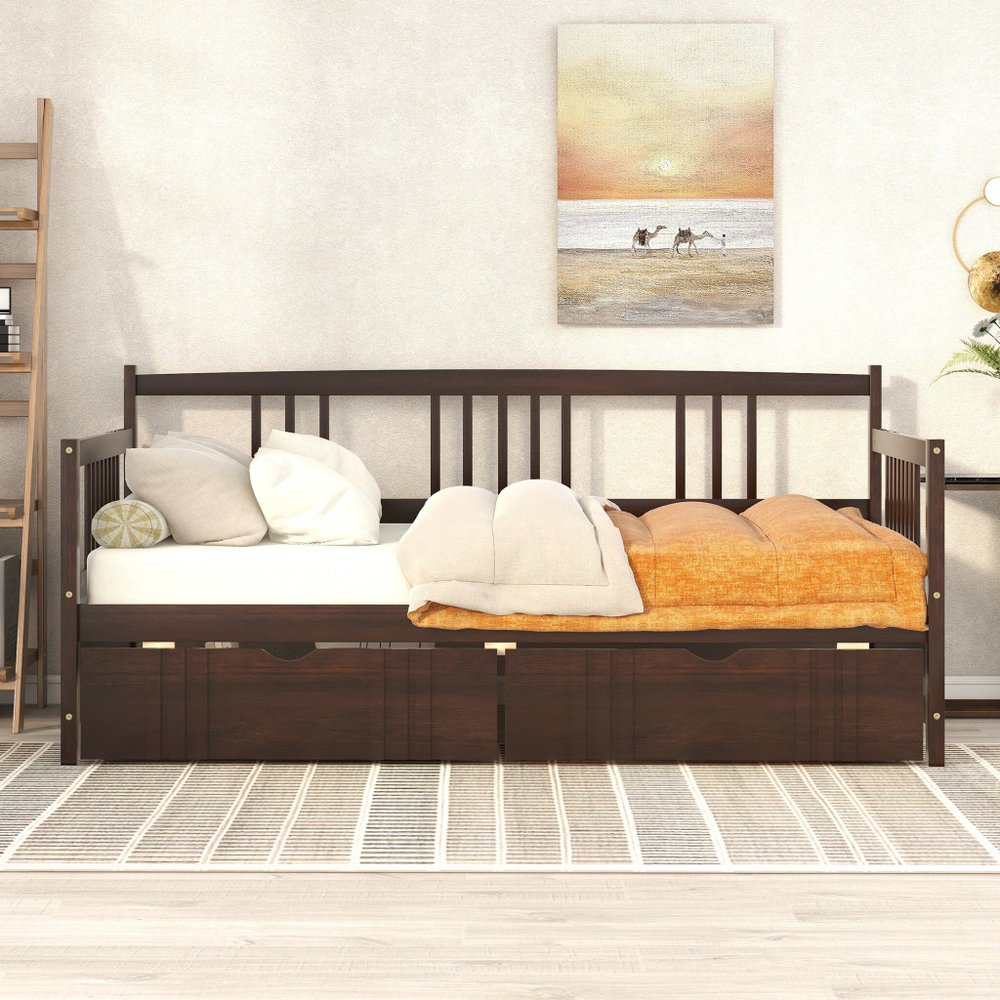 Espresso Wood Twin Daybed Frame With Drawers