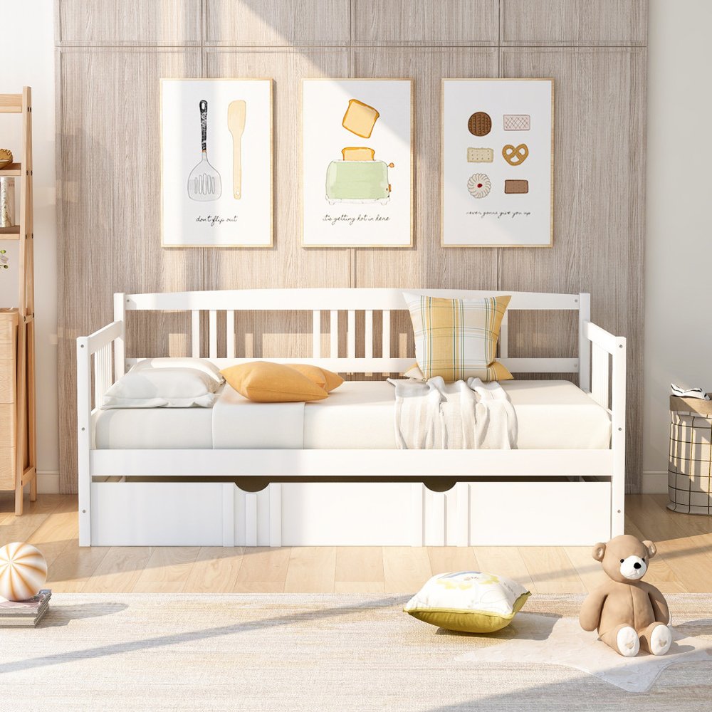 White Wood Twin Daybed Frame With Trundle
