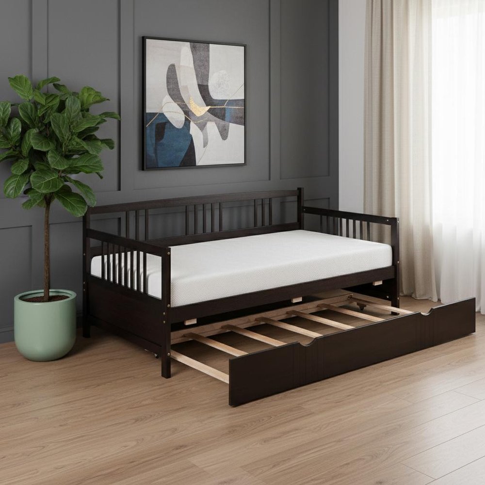 Espresso Wood Twin Daybed Frame With Trundle