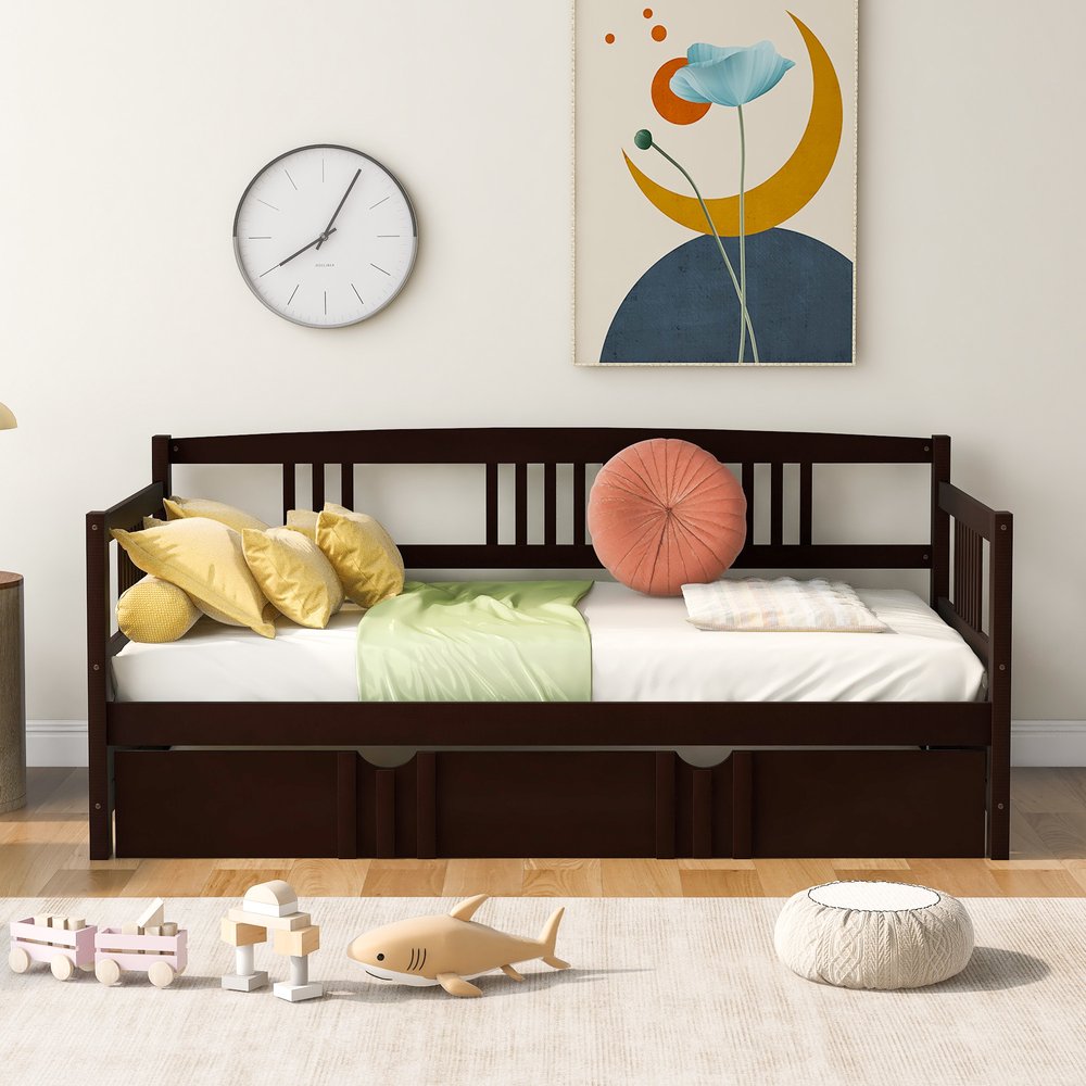 Espresso Wood Twin Daybed Frame With Trundle
