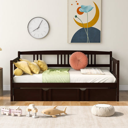 Espresso Wood Twin Daybed Frame With Trundle