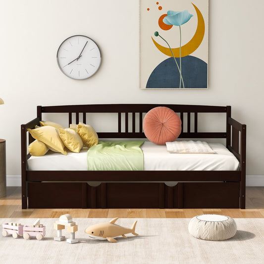 Espresso Wood Twin Daybed Frame With Trundle