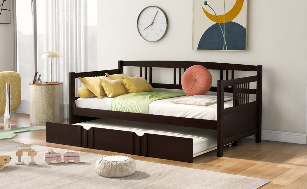 Espresso Wood Twin Daybed Frame With Trundle
