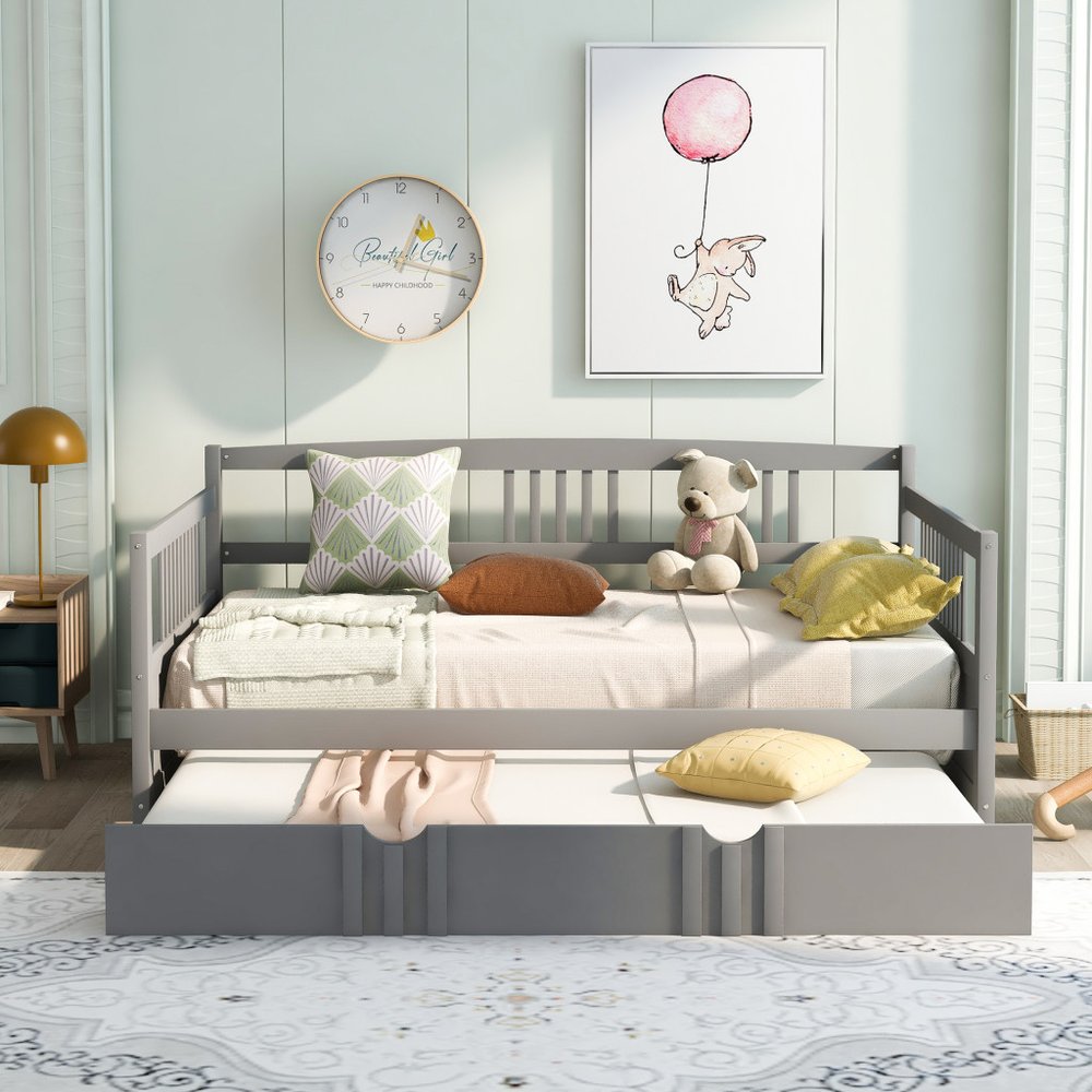 Gray Wood Full Daybed Frame With Trundle