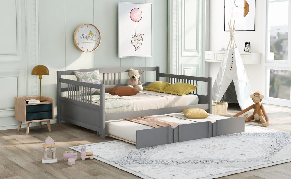 Gray Wood Full Daybed Frame With Trundle