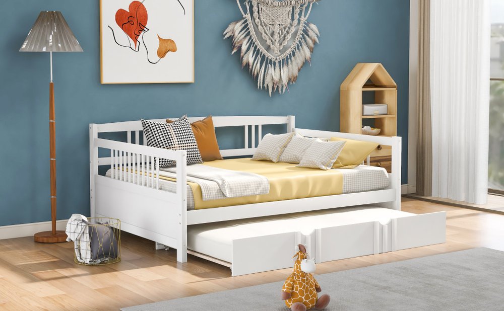 White Wood Full Daybed Frame With Trundle