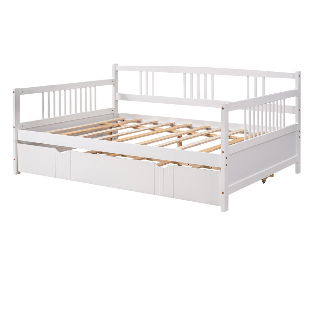 White Wood Full Daybed Frame With Trundle