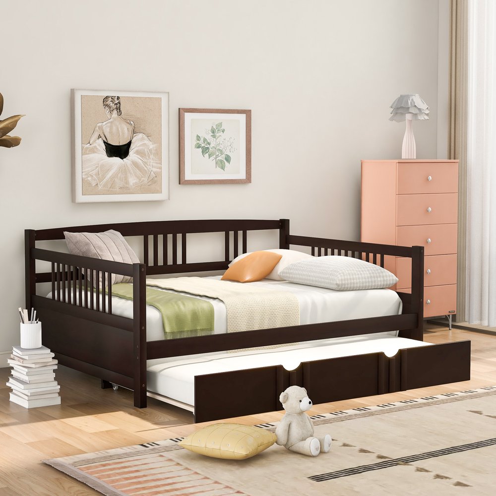 Espresso Wood Full Daybed Frame With Trundle