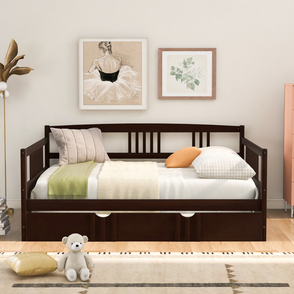 Espresso Wood Full Daybed Frame With Trundle