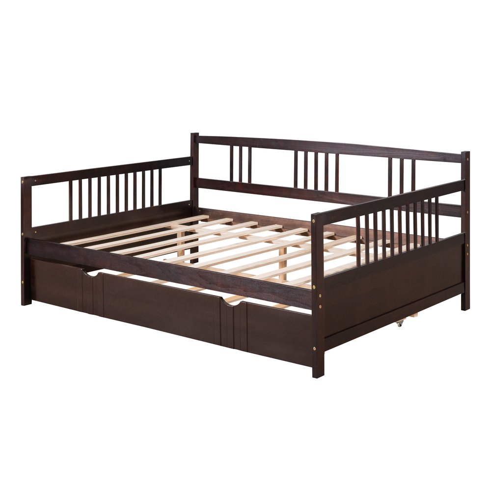 Espresso Wood Full Daybed Frame With Trundle