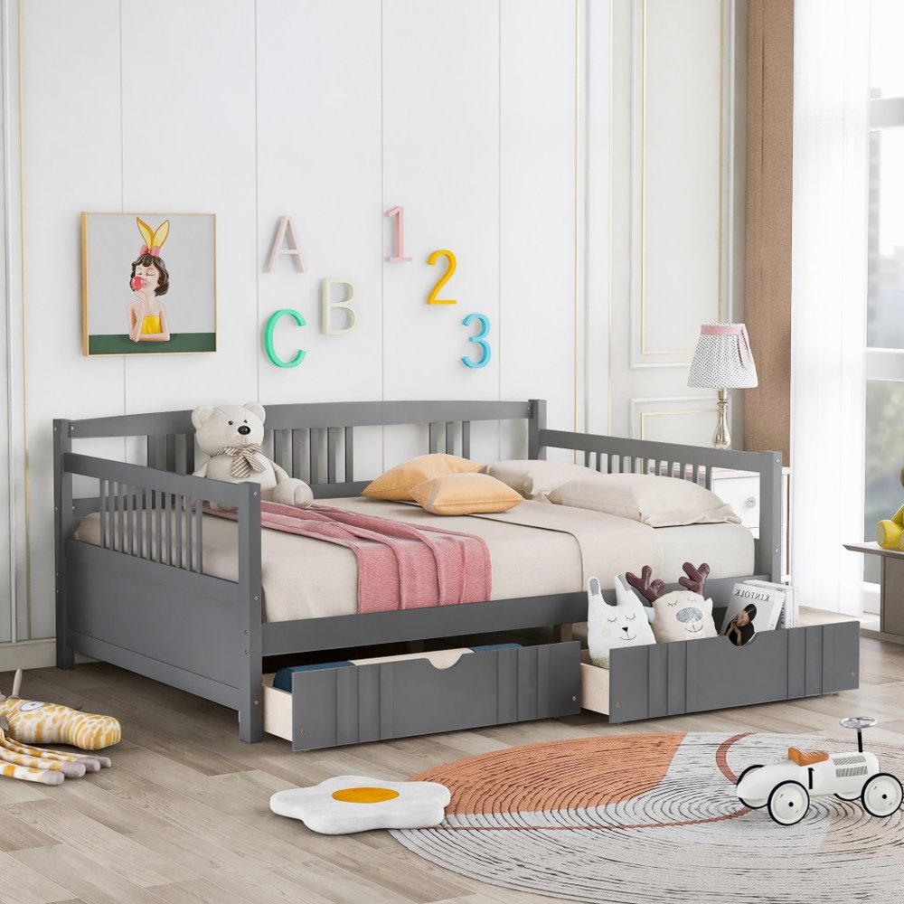 Gray Wood Full Daybed Frame With Drawers