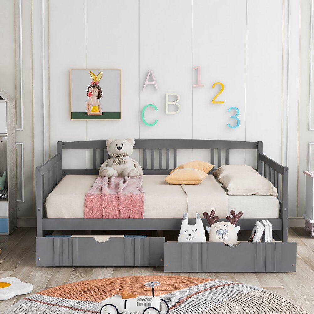 Gray Wood Full Daybed Frame With Drawers