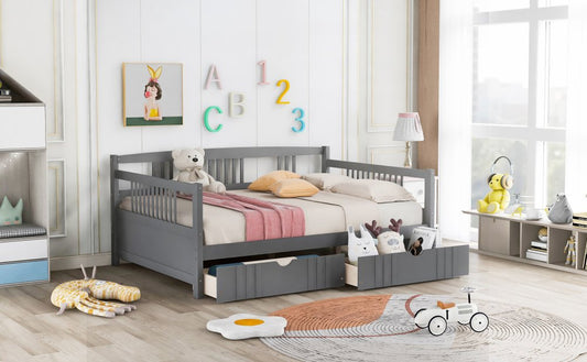 Gray Wood Full Daybed Frame With Drawers