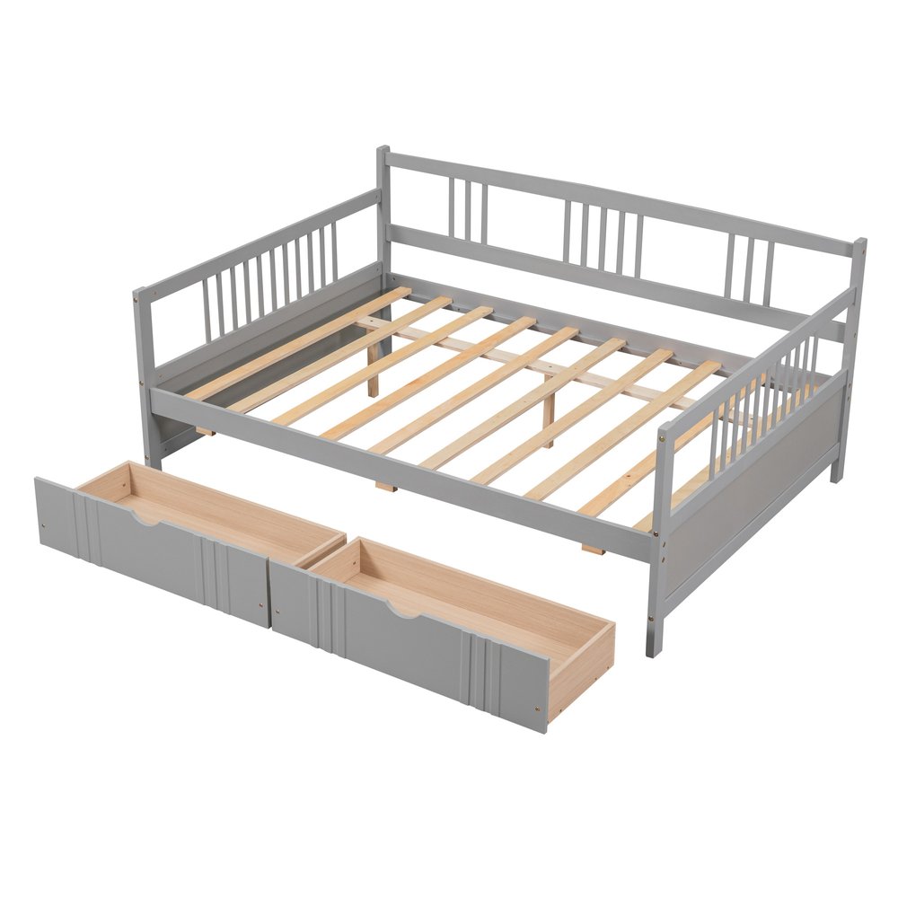 Gray Wood Full Daybed Frame With Drawers