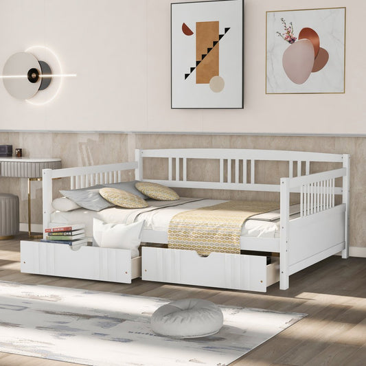 White Wood Full Daybed Frame With Drawers