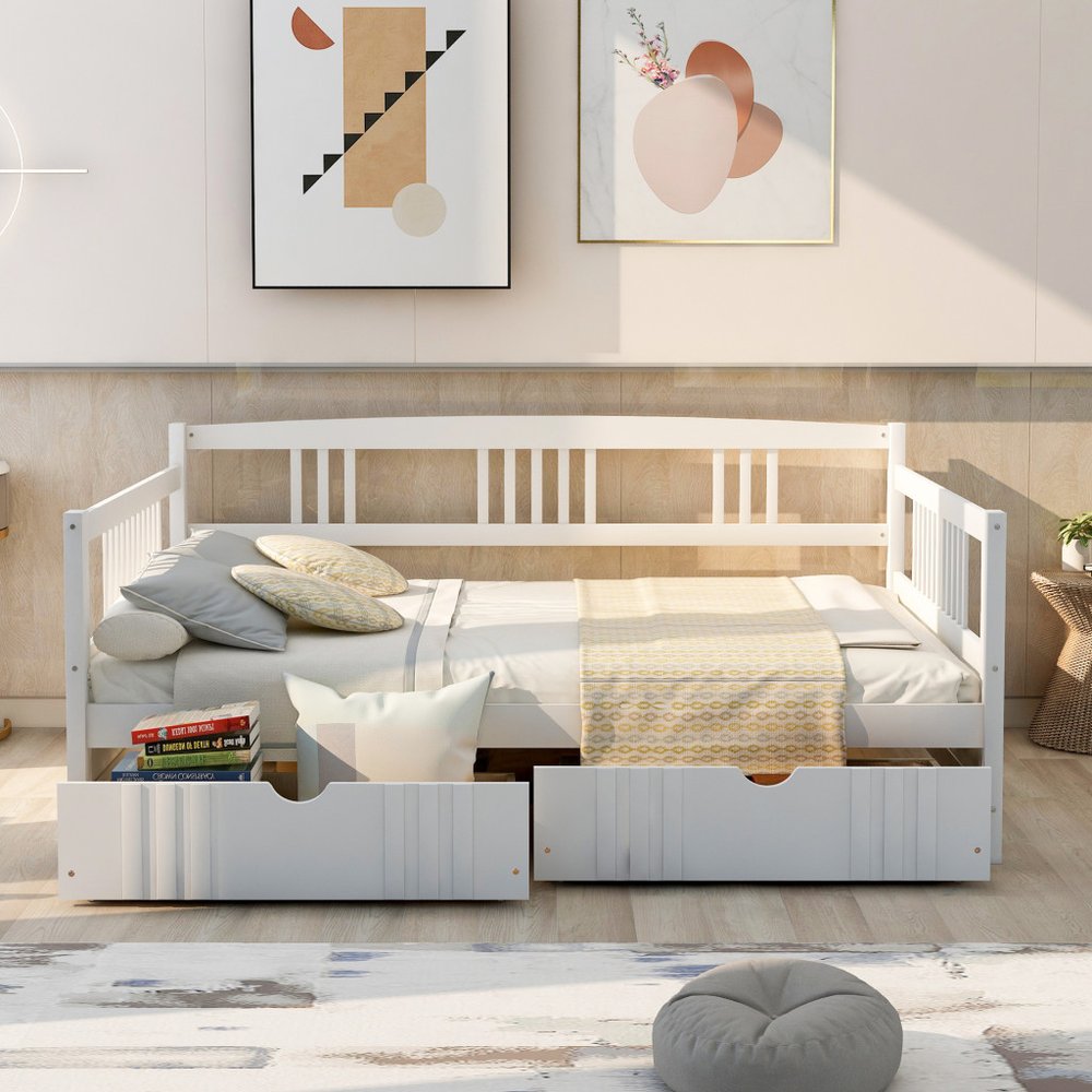 White Wood Full Daybed Frame With Drawers