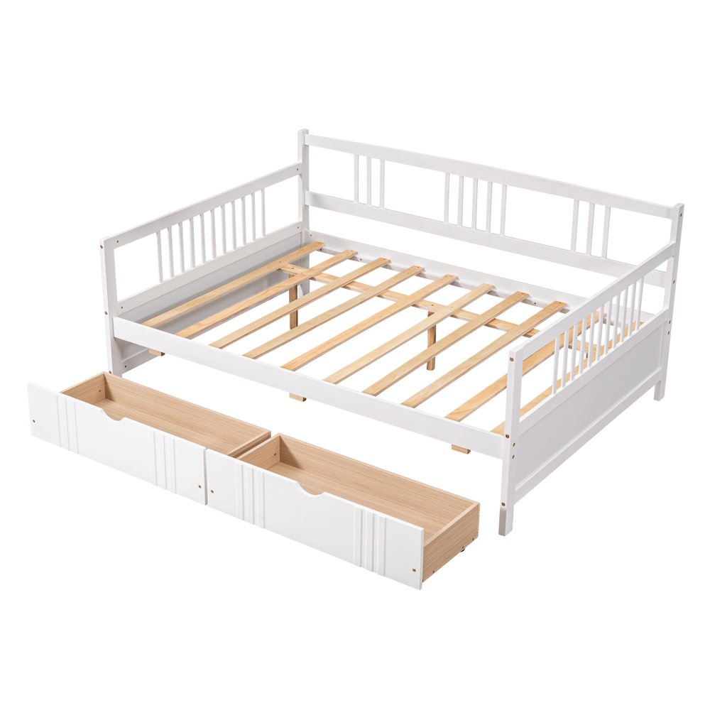 White Wood Full Daybed Frame With Drawers