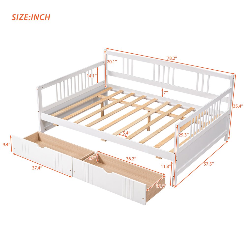 White Wood Full Daybed Frame With Drawers