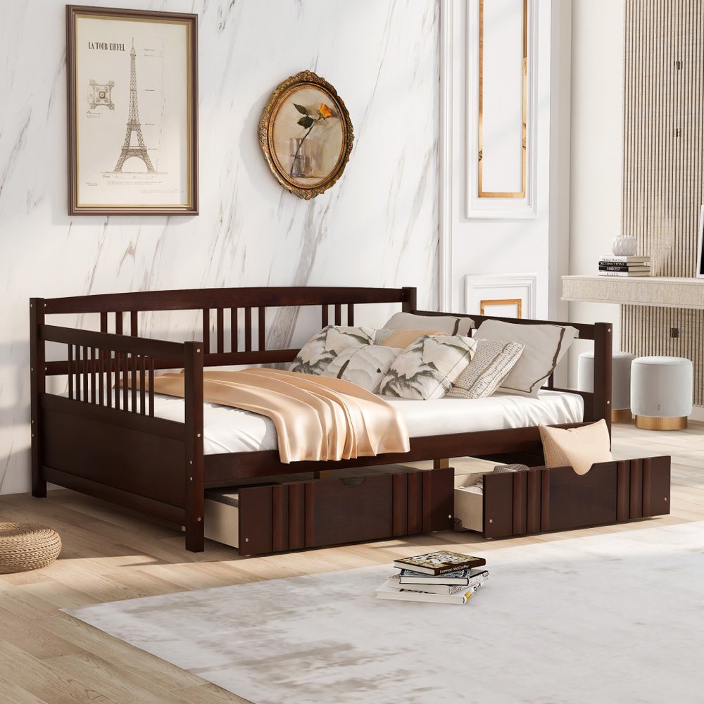 Espresso Wood Full Daybed Frame With Drawers
